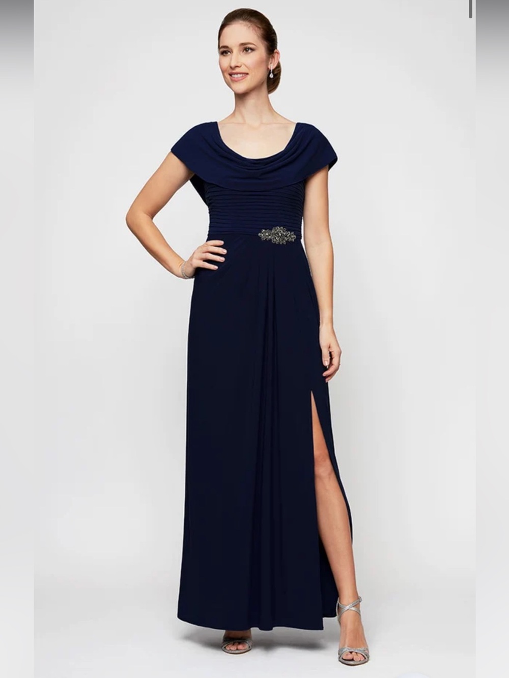 NWT Alex Evenings 14 Blue Celeste Matte Jersey Cowl-Neck A-Line Maxi Gown R $199